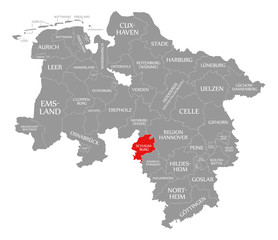 Schaumburg county red highlighted in map of Lower Saxony Germany