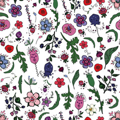Beautiful seamless floral pattern with berries,herbs and flowers in doodling style.