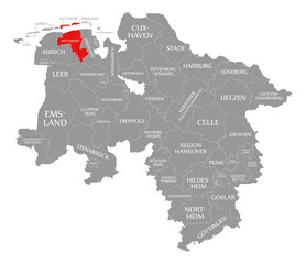 Wittmund county red highlighted in map of Lower Saxony Germany