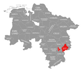 Fototapeta na wymiar Wolfenbuettel county red highlighted in map of Lower Saxony Germany