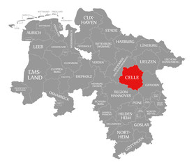 Celle county red highlighted in map of Lower Saxony Germany