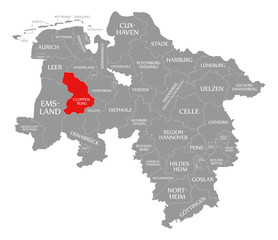 Cloppenburg county red highlighted in map of Lower Saxony Germany