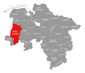 Emsland county red highlighted in map of Lower Saxony Germany