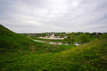 Staritsa, Russia - May, 16, 2019: Holy Assumption Monastery in Starirsa