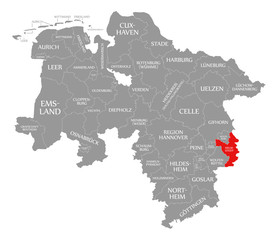 Helmstedt county red highlighted in map of Lower Saxony Germany