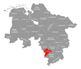 Holzminden county red highlighted in map of Lower Saxony Germany