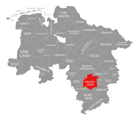 Hildesheim county red highlighted in map of Lower Saxony Germany