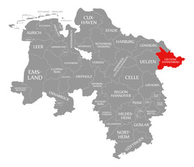 Fototapeta na wymiar Luechow-Dannenberg county red highlighted in map of Lower Saxony Germany