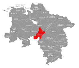 Nienburg county red highlighted in map of Lower Saxony Germany