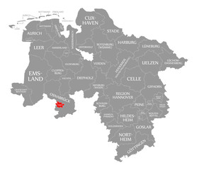Fototapeta na wymiar Osnabrueck city county red highlighted in map of Lower Saxony Germany
