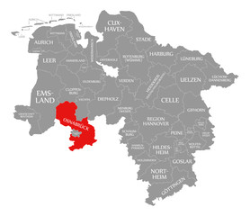 Fototapeta na wymiar Osnabrueck county red highlighted in map of Lower Saxony Germany