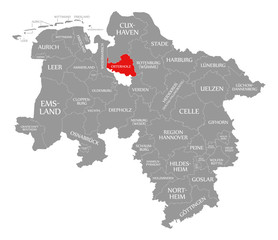 Fototapeta premium Osterholz county red highlighted in map of Lower Saxony Germany
