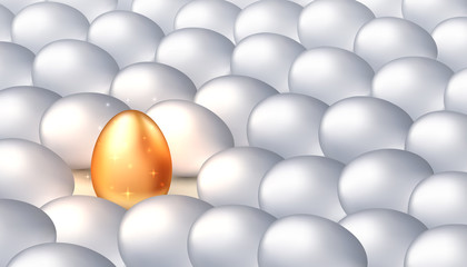 Unique golden egg among ordinary white eggs, the concept of exclusivity, success. Bright individuality, successful personality. Vector illustration
