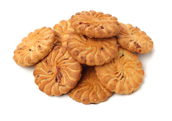 Biscuits with whole-wheat flour. Crunchy, grains  on white background