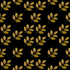 Watercolor seamless pattern with autumn yellow leaves on a black background	