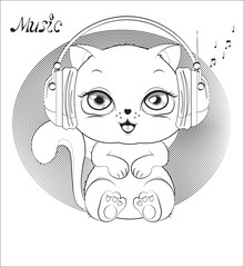 white kitten with earphones coloting