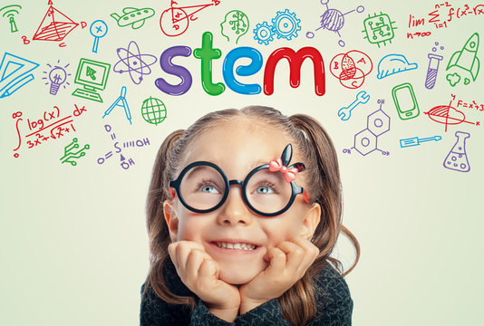 STEM word and doodles above beautiful cute little girl. modern education concept