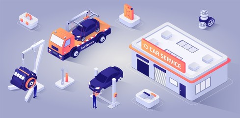 Car Service Building with Mechanics at Work Vector