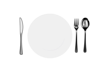 Blank White Plate and Fork, Spoon, Knife with Dollar Banknotes on White