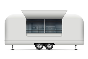 Food truck vector mockup for vehicle branding, advertising, corporate identity. Isolated template of realistic mobile kitchen on white background. All elements in the groups on separate layers © Yuri Schmidt