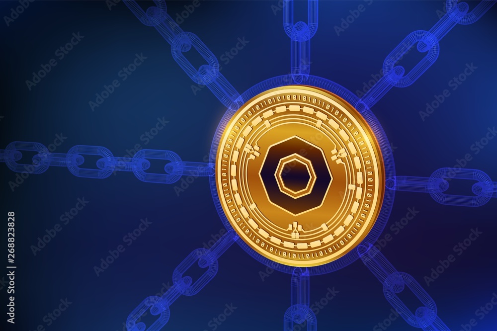 Poster komodo. crypto currency. block chain. 3d isometric physical komodo coin with wireframe chain. blockc