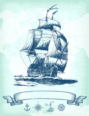 Abstract hand drawn background with vintage sailing ship, compass, lighthouse, ship wheel, anchor and world map on old craft paper texture. Template for your design works. 