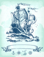 Abstract hand drawn background with vintage sailing ship, compass, lighthouse, ship wheel, anchor and world map on old craft paper texture. Template for your design works. 