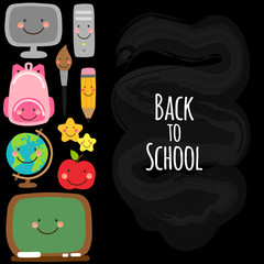 Cute Back to school banner design with colorful funny cartoon characters, education theme background