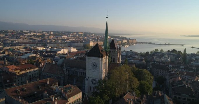 Turn around Geneva cathedral - Aerial 4K