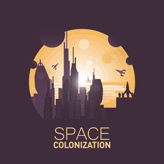 Space colonization.Big colony base in the desert.Negative space illustration