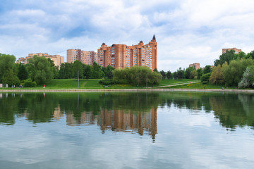 Fototapeta na wymiar Festival ponds in Friendship Park in Moscow, Russia