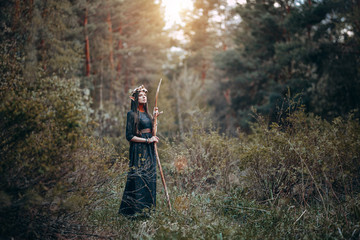 beautiful elf woman fabulous, fairy forest, famtasy young woman with long ears, long dark hair...