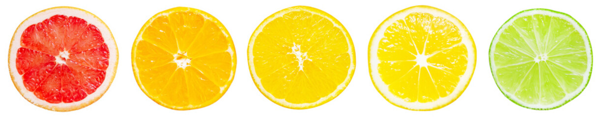 Close up of citrus collage: grapefruit, orange, tangerine, lemon and lime. The concept of healthy fruits, vitamin C. Bright colorful image. Isolared, top view, minimalism, flat lay.