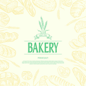Bakery background. Hand drawn bread and pastry collection. Editable mask. Bakery shop logo. Template for your design works. Vector illustration. 