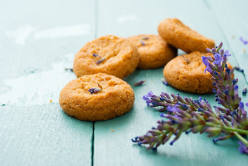cakes with lavender on aged blue wood table