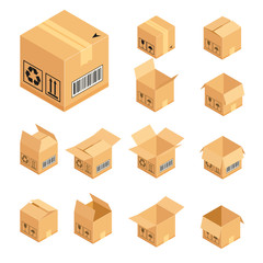 Set of isometric cardboard boxes. Delivery box package. Vector illustration isolated on white background.