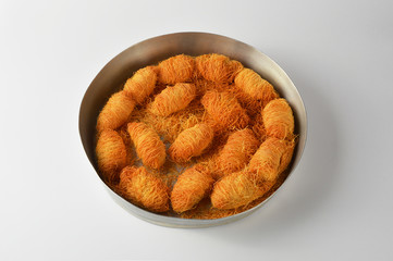 Turkish dessert kadayif, sweet food on white background