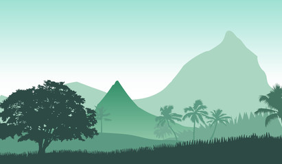 Vector illustration of sunrise panorama landscape in the tropical mountains