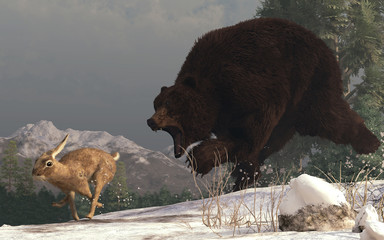 A jackrabbit has wandered into the wrong hole in the ground and is now a potential meal for its grizzly inhabitant. Waking from hibernation, the bear chases the rabbit across the snow. 3D Rendering