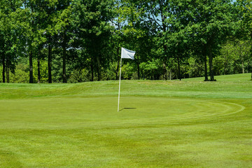 Obraz premium Hoyo final con bandera, césped en campo de golf.