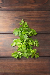 Christmas tree made of fresh green parsley on a wooden brown boards.