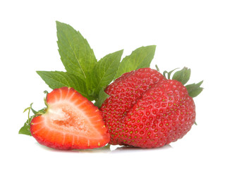 Ripe, delicious strawberries. red strawberry and mint leaf on white isolated background