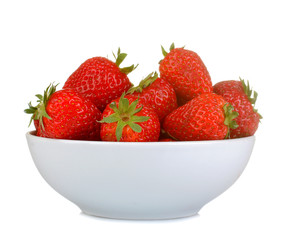 Ripe, delicious strawberries. red strawberry in white bowl on white isolated background