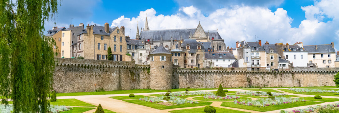 Vannes, medieval city in Brittany, view of the ramparts garden with flowerbed 