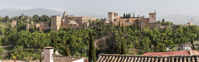 Views of the Alhambra from the other side of the valley, in the Albaicín neighborhood in Granada, Spain