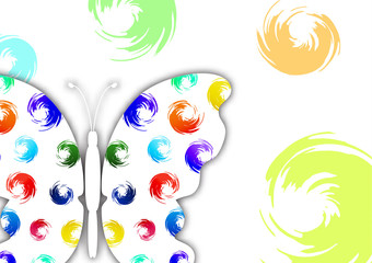 Beautiful abstract background with white butterfly silhouette on a white background. Creative design of the wings, bright multi-color brush strokes.