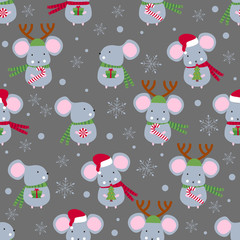 Christmas or New year seamless pattern with cute mice. Mouse. 2020 Winter background with mouse. Rat horoscope sign. Chinese year of Rat 2020. Happy New Year. Concept image of symbol chinese new year