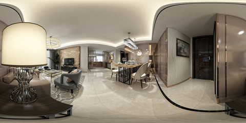 360 degrees of home interior, 3d rendering living room