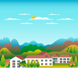 Hills and mountains landscape with house farm in flat style design illustration. reen fields, meadow, tree, blue sky and sun. Rural location in the hill, forest. Cartoon vector background