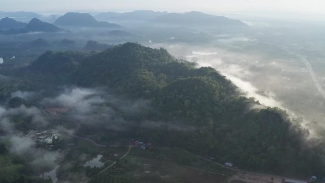 Aerial drone view of Pakbara small village during cloudy morning, Thailand